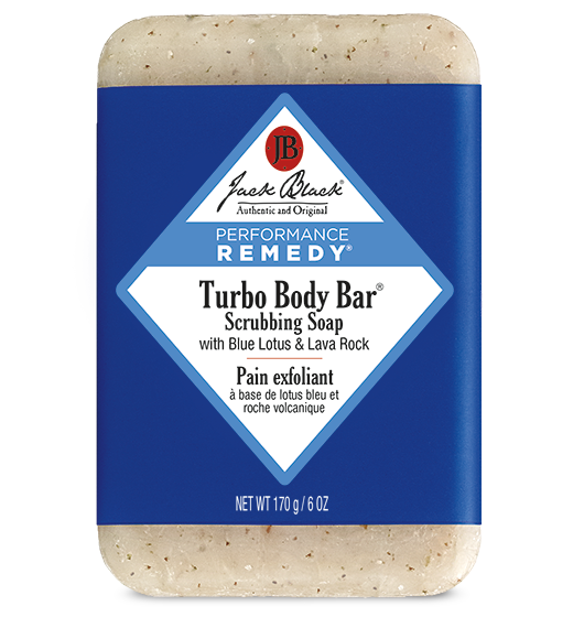 Description Of Jack Black Turbo Body Bar® Scrubbing Soap :  This energizing, deep-cleansing bar scrubs away dirt and exfoliates the body for clean, smooth, healthy skin. The fresh aroma of our popular Turbo Wash® Energizing Cleanser, along with Natural Blue Lotus and Ginkgo Biloba, help combat fatigue and stimulate the senses. A rich lather nourishes with hydrating Murumuru and Shea Butters while natural Lava Rock gently polishes, leaving skin supple and smooth.
