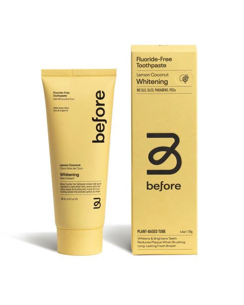 Fluoride-Free Toothpaste packaging with 'before' branding on a white background