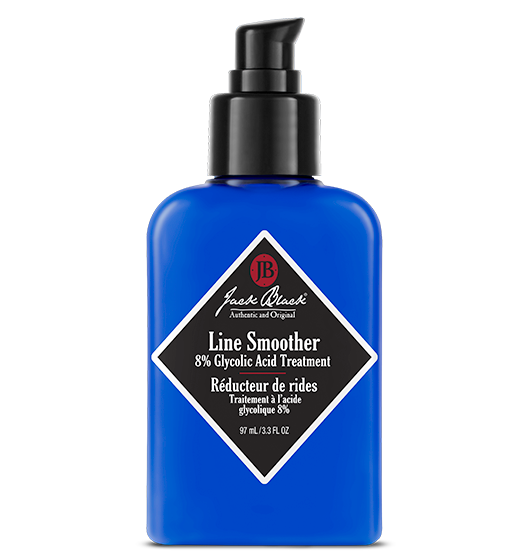 Description Of Jack Black Line Smoother 8% Glycolic Acid Treatment:   A fast-acting Glycolic Acid treatment that smooths skin and helps reduce the appearance of fine lines, wrinkles, and dark spots. This oil-free, vitamin enriched formula contains 8% Glycolic Acid to improve skin tone, texture, and clarity.