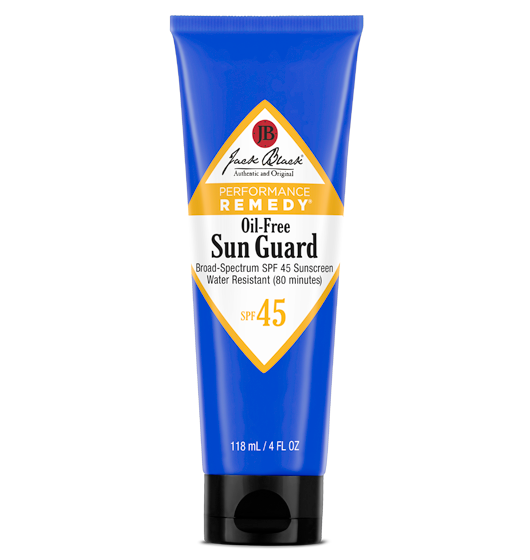 Description Of Jack Black Oil-Free Sun Guard SPF 45 Sunscreen:  This oil-free, vitamin-enriched, water and sweat-resistant lotion offers superior broad-spectrum UVA/UVB protection and absorbs quickly without greasy or heavy residue. Formulated for extreme conditions, Sun Guard forms a barrier of protection and stays on during intense physical activity in and out of the water. Won't run or drip into eyes.