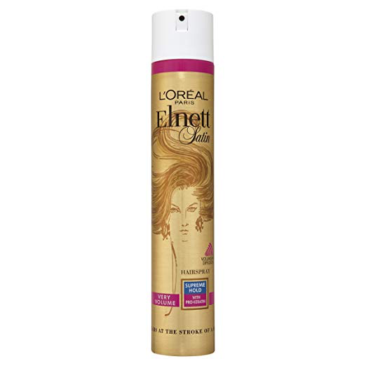 L'oreal Elnett Satin Very Volume Supreme Hold Hairspray with Pro Keratin 400 Ml     About the product  New product hairspray From L’Oreal Paris Stars and professionals have used this hairspray for over 40 years. Developed by L'Oreal Laboratories, this hairspray ensures long-lasting hold without feeling stiff. Hair Type: All Hair Types